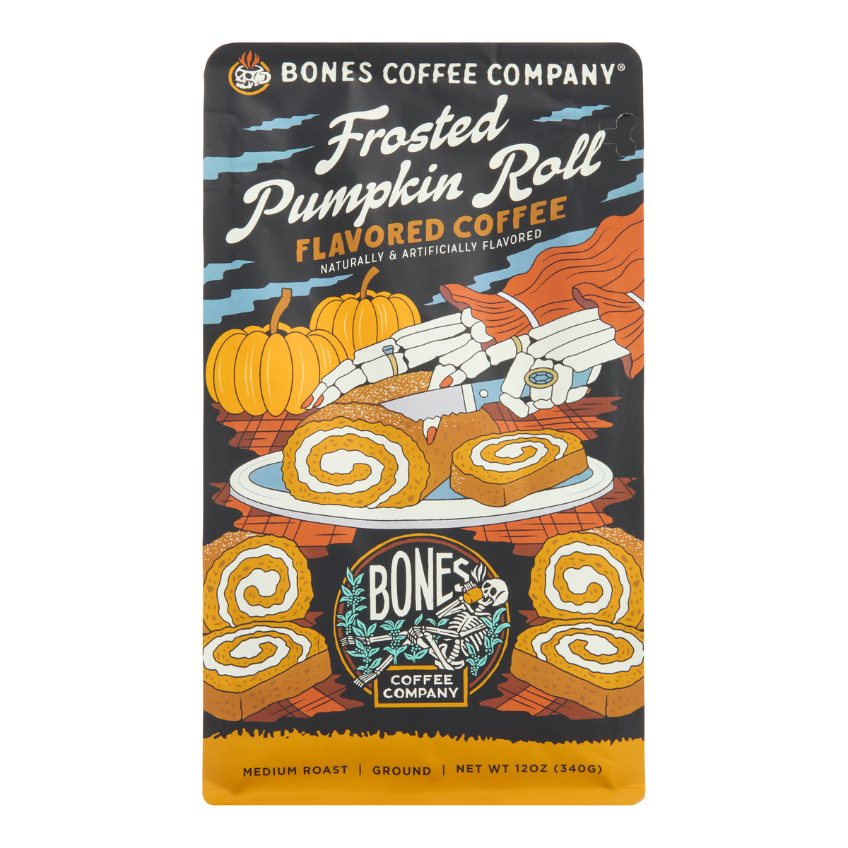 Bones Frosted Pumpkin Roll Ground Coffee 12 Oz.