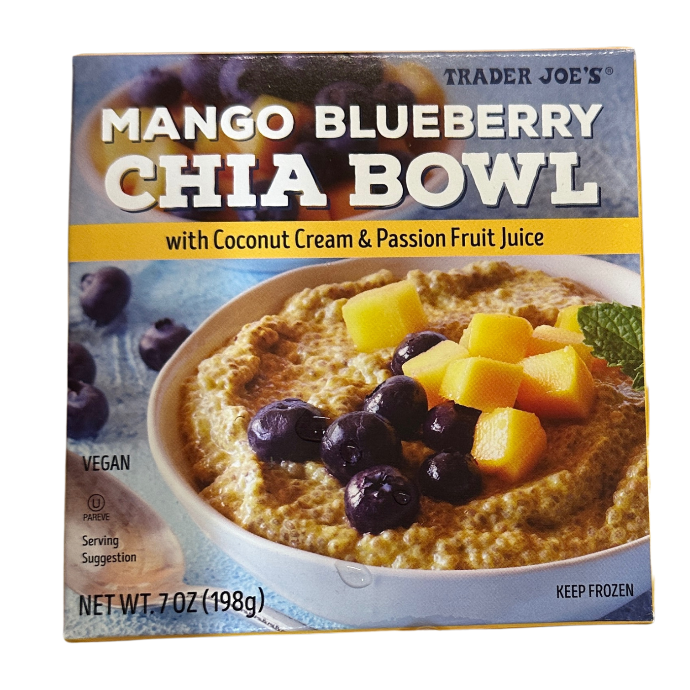 Mango Blueberry Chia Bowl with Coconut Cream & Passion Fruit Juice