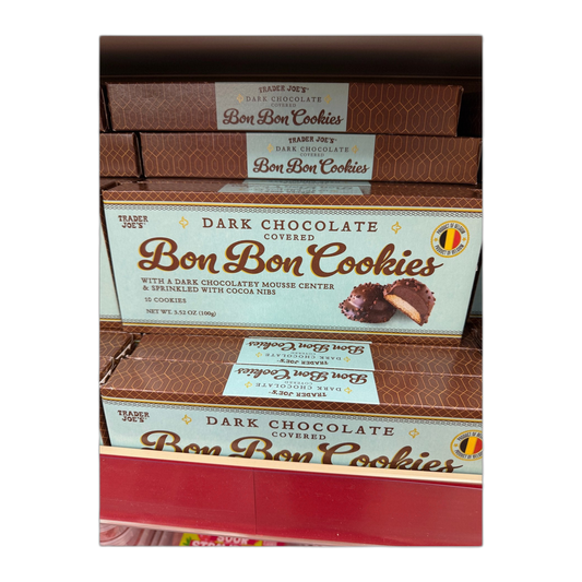 Trader Joe's | DARK CHOCOLATE COVERED Bon Bon Cookies WITH A DARK CHOCOLATEY MOUSSE CENTER & SPRINKLED WITH COCOA