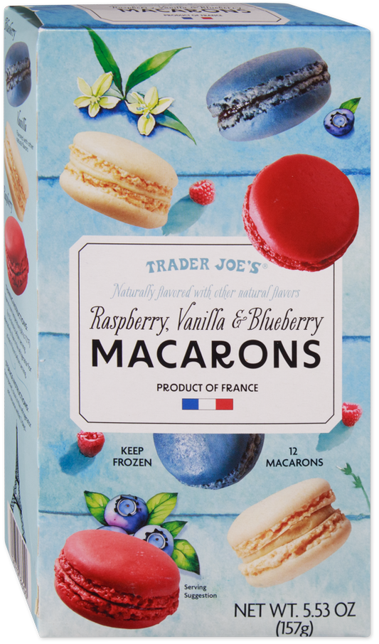 Raspberry, Vanilla & Blueberry Macarons