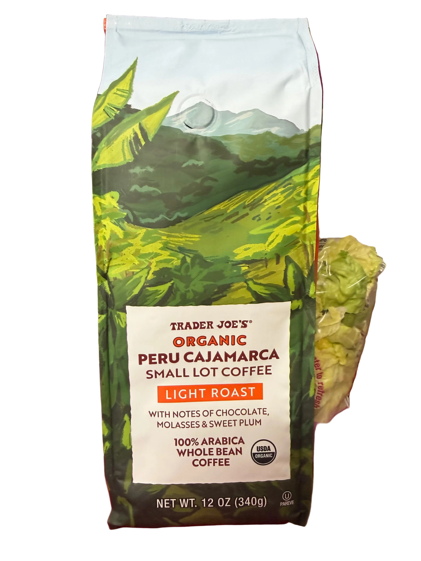 Trader Joe's | ® ORGANIC PERU CAJAMARCA LIGHT ROAST WITH NOTES OF CHOCOLATE, MOLASSES & SWEET PLUM 100% ARABICA WHOLE BEAN USDA ORGANIC COFFEE 12 oz