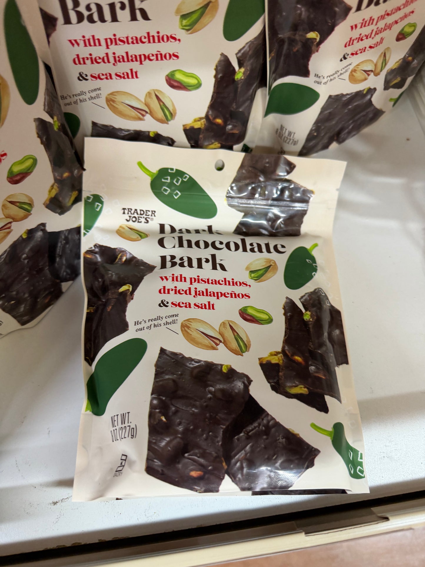 Chocolate Bark with pistachios, dried jalapeños sea salt