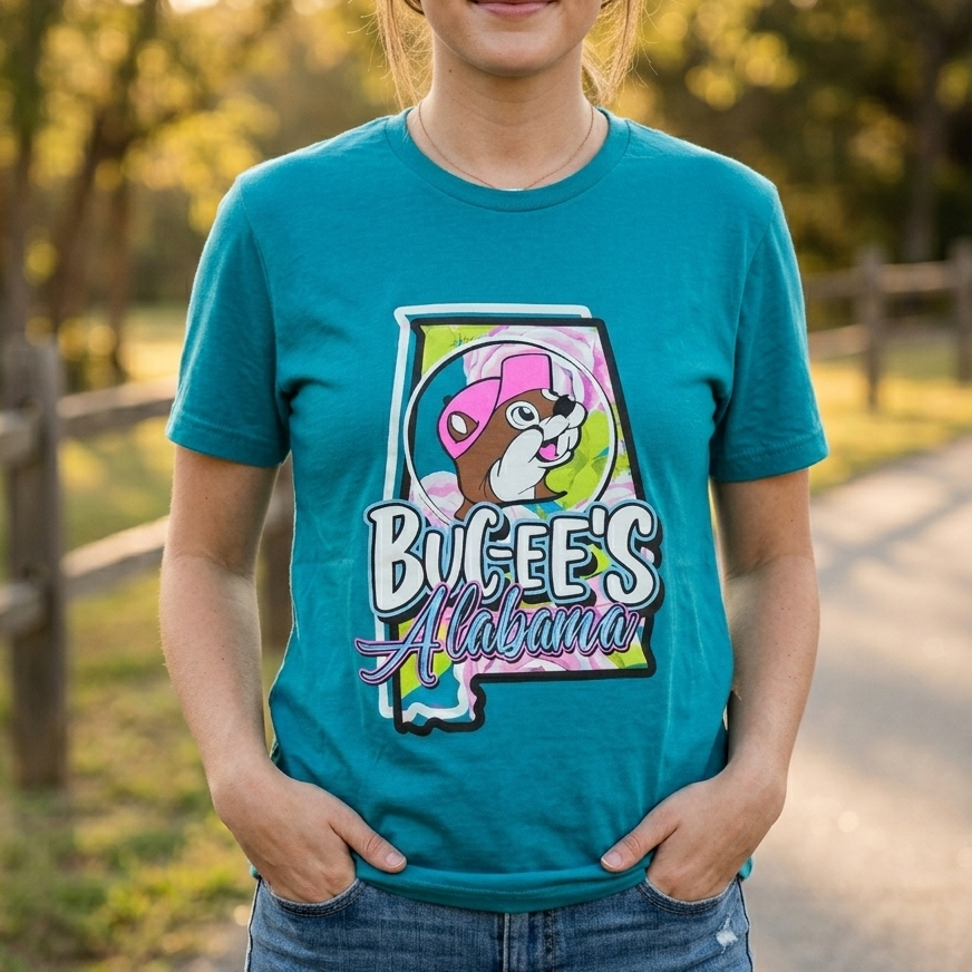 Buc-ee's | Alabama State Map Turquoise Shirt – Small